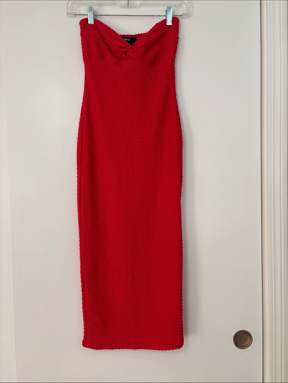 Express Strapless Red Textured Midi Dress
